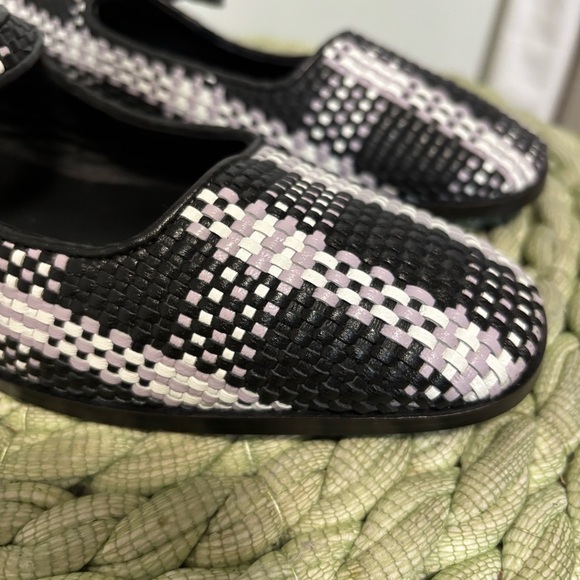 Anthropologie Maeve Black/White Leather Square Toe Woven Mary Jane Flats NWT - Picture 9 of 14